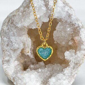 3/$20 14k Gold Lake Blue Glitter Resin Heart Charm Handmade Pendant Necklace